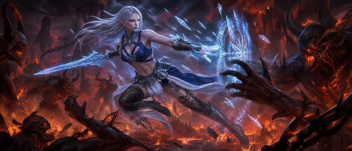 A white-haired elf woman with pointed ears holds a glowing blue ice sword and casts an ice spell while surrounded by horned demons in a fiery landscape.