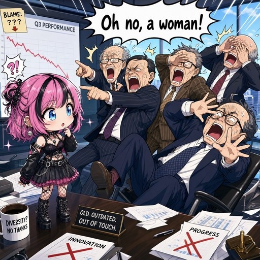 A pink-haired chibi girl stands on an office desk while older businessmen in suits react with exaggerated shock behind her.