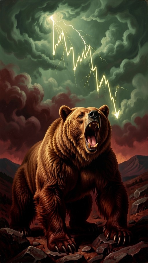 A large brown bear roaring on rocky ground under a stormy sky with lightning.