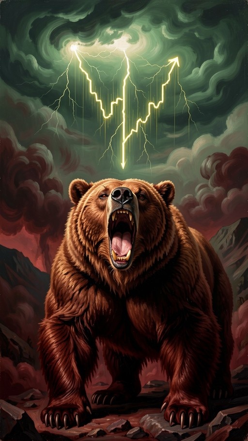 A brown bear roars with its mouth open under a stormy sky where lightning forms an upward-trending stock market arrow shape.