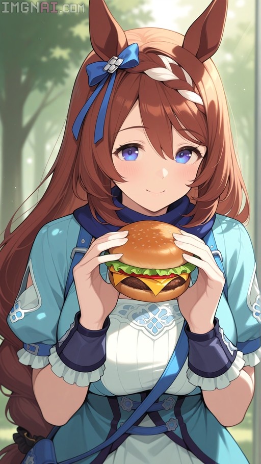 Super Creek from Umamusume smiling and holding a large hamburger with both hands.