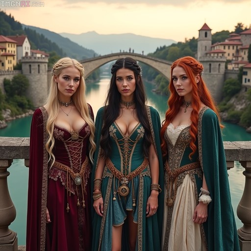 Three women in elaborate medieval gowns and capes standing on a balcony overlooking a turquoise river and an arched stone bridge leading to a village.
