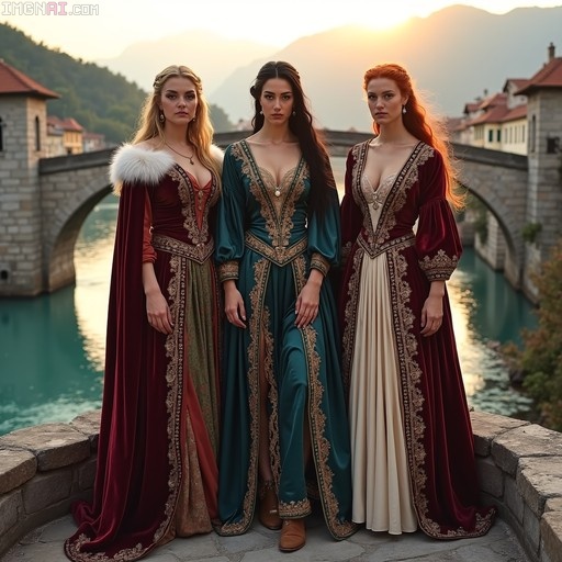 Three women in elaborate medieval gowns standing on a stone bridge over a river at sunset.