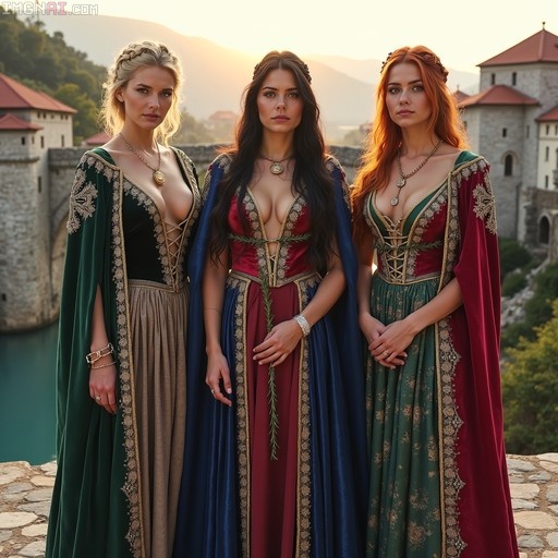 Three women in elaborate medieval dresses and capes standing on a stone terrace with a castle and water in the background at sunset.