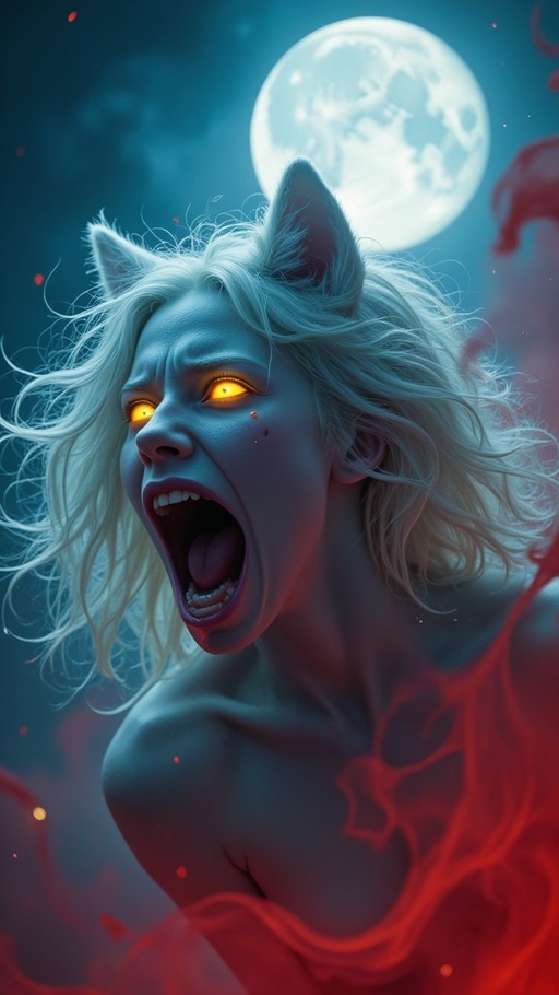 A close-up of a white-haired woman with cat ears and glowing yellow eyes screaming under a large full moon with red energy swirling around her.