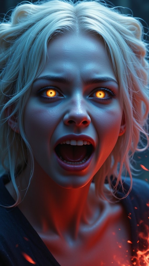 A close-up of a blonde woman with glowing orange eyes and an open mouth, surrounded by floating red embers and fire sparks in a dark setting.
