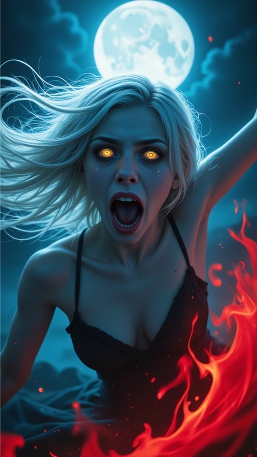 A woman with long white hair and glowing yellow eyes screams while raising her arm amidst rising flames under a large full moon.