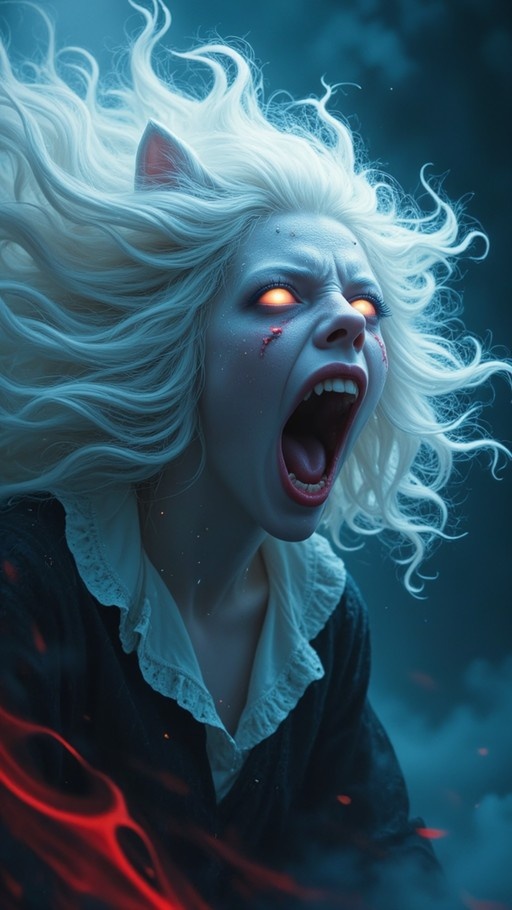 A pale-skinned cat girl with long white hair and glowing orange eyes screaming with her mouth wide open.