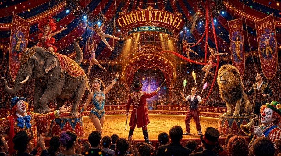 A vibrant digital illustration of a circus performance under the "Cirque Eternel" banner featuring a ringmaster, an elephant, a lion, acrobats on silks, and clowns performing for an audience.