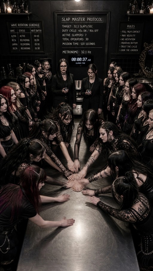 Thirty goth women in black attire slap a raw chicken fillet on a metal table while two managers watch with stopwatches under chalkboards detailing the slapping protocol.