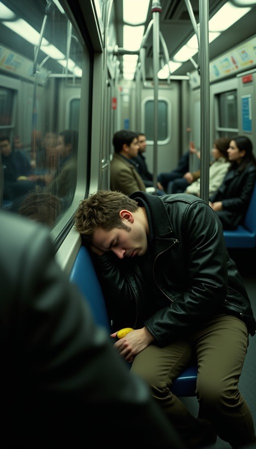 A young man in a black leather jacket sleeps on a blue subway seat holding a yellow banana.