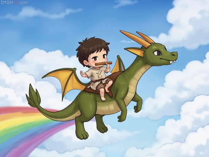 A chibi boy plays a wooden flute while riding a green dragon through the sky near a rainbow.