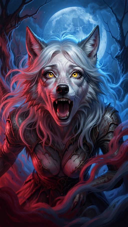 White-haired werewolf girl with yellow eyes and fangs wearing armor, howling under a full moon with red mist.