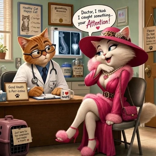A white female cat in a pink dress and large hat flirts with an orange tabby male veterinarian in his office, causing him to blush and look nervous as she makes a pun about catching his attention.