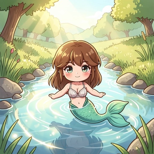 A chibi mermaid girl with a green tail and white top smiles while floating in a sunny forest stream.