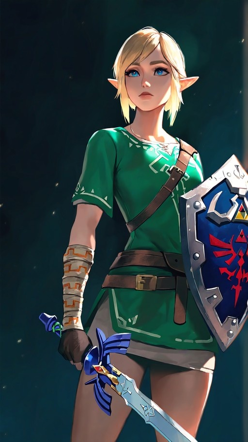 A blonde-haired elf warrior in a green tunic holds the Master Sword and Hylian Shield.