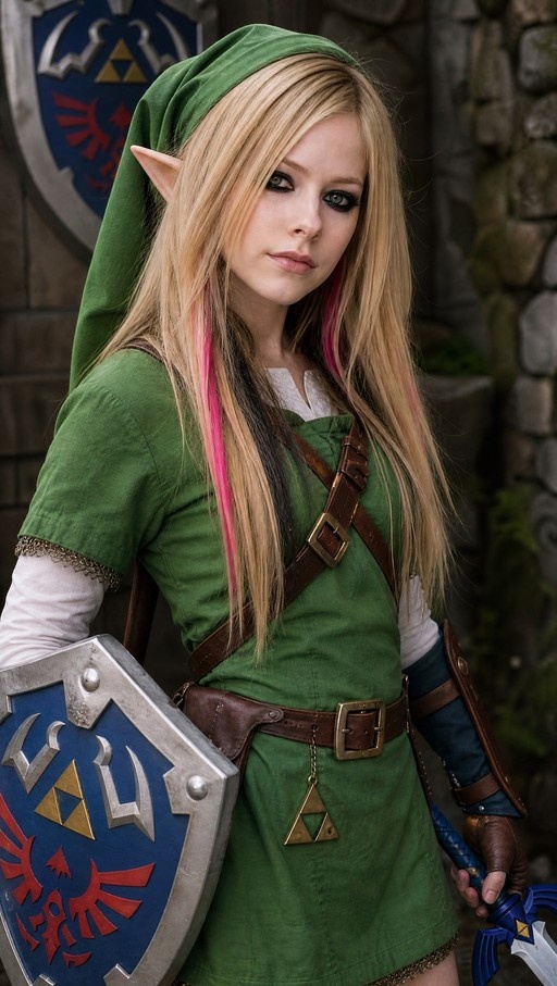 A female cosplayer dressed as Link from The Legend of Zelda, wearing a green tunic and holding a shield and sword.