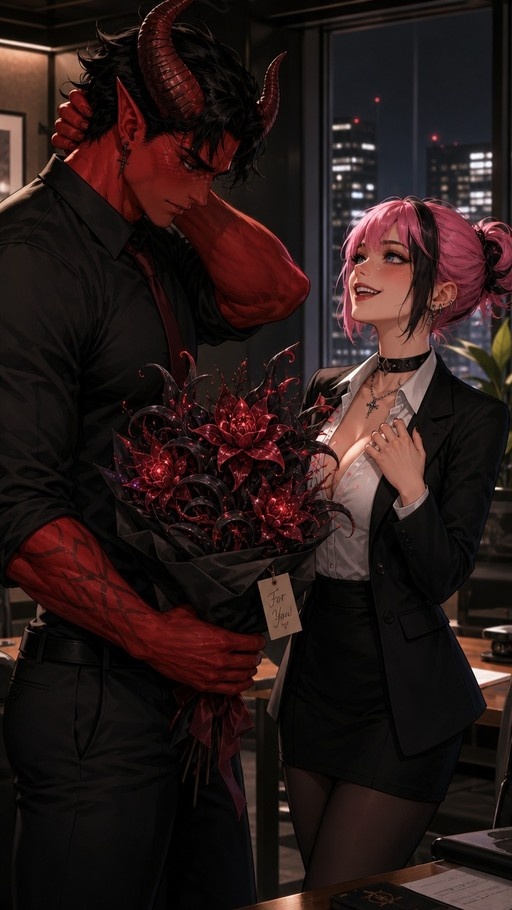 A red-skinned demon in a black suit holding a bouquet of dark flowers for a smiling pink-haired woman in an office at night.