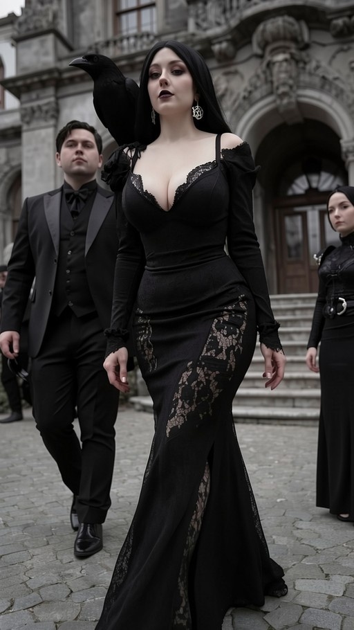 A woman with long black hair and a black lace dress walks forward with a large black crow on her shoulder, followed by two people in formal black attire outside a stone building.