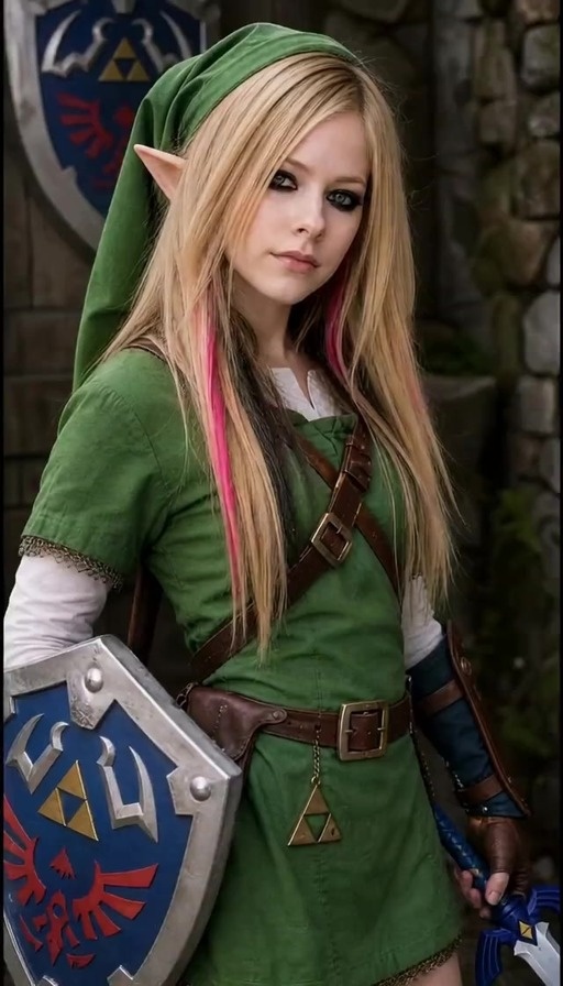A woman with blonde hair and pink streaks wearing a green tunic and pointed ears holds a blue shield and sword while looking at the camera.