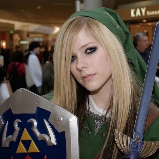Avril Lavigne cosplaying as Link from The Legend of Zelda, holding the Master Sword and Hylian Shield while singing to the camera.