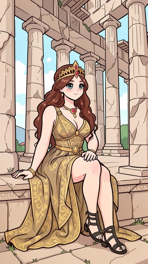 An anime-style illustration of a young woman with long brown hair and blue eyes wearing a gold patterned dress and a jeweled crown, sitting on the steps of ancient stone ruins under a blue sky.