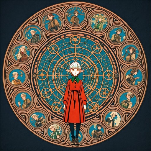 Marcille Donato from Delicious in Dungeon stands in a red coat before a large circular stained-glass window featuring portraits of her companions.