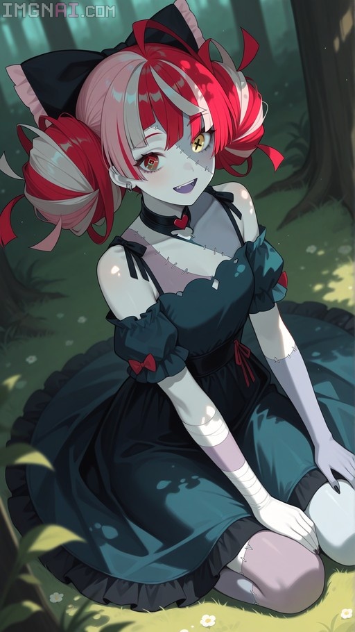 Kureiji Ollie sits on the grass in a forest wearing a black frilled dress, featuring stitched skin, heterochromatic eyes, and red-and-white pigtails.