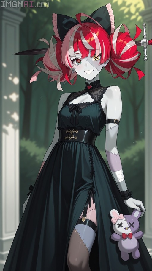 Kureiji Ollie with red and white hair in a black dress holding a stuffed animal.