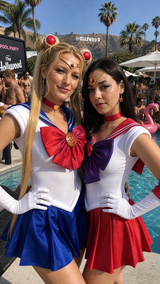Two women in Sailor Moon and Sailor Mars costumes pose by a pool with the Hollywood sign in the background.