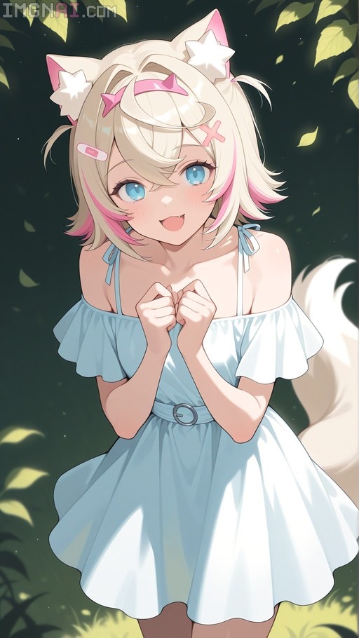 Mococo Abyssgard smiling in a light blue off-shoulder dress with dog ears and star hair accessories.