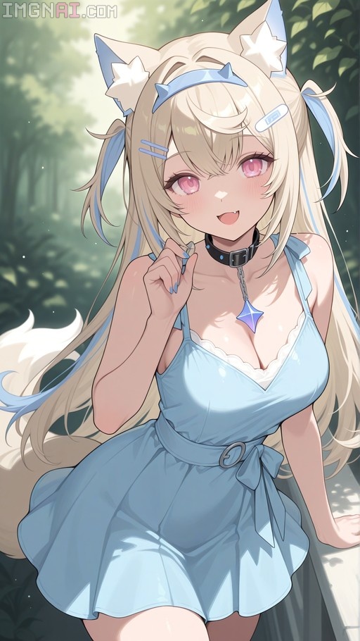 Anime-style Fuwawa Abyssgard with blonde and blue hair, dog ears, and a tail, wearing a light blue dress and spiked collar.