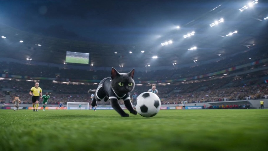 A black cat in a soccer uniform dribbles a ball on a green field and kicks it during a match in a large stadium.