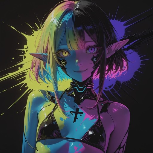 A blue-skinned elf with pointed ears and cybernetic implants has heterochromatic yellow and purple eyes. She wears a black bikini top with a cross symbol against a neon background.