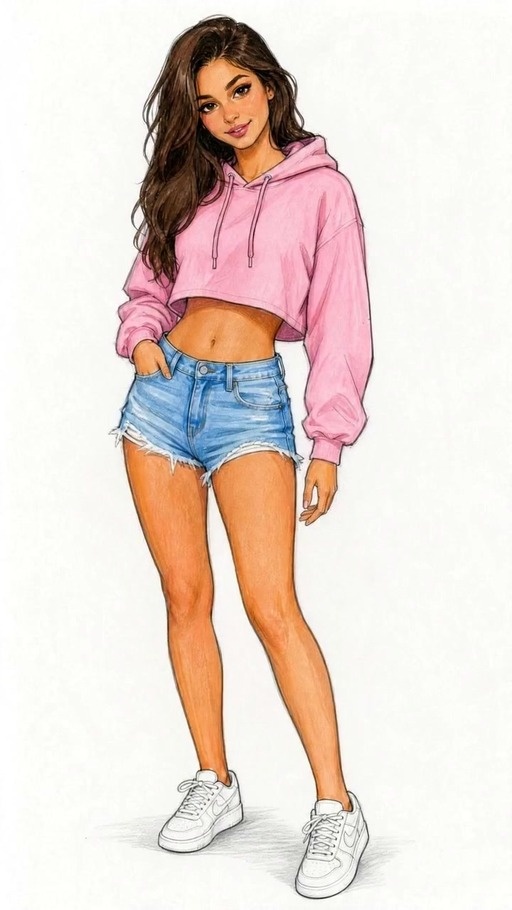 A tan-skinned woman with long brown hair wearing a pink cropped hoodie and denim shorts dances and performs a handstand split against a white background.
