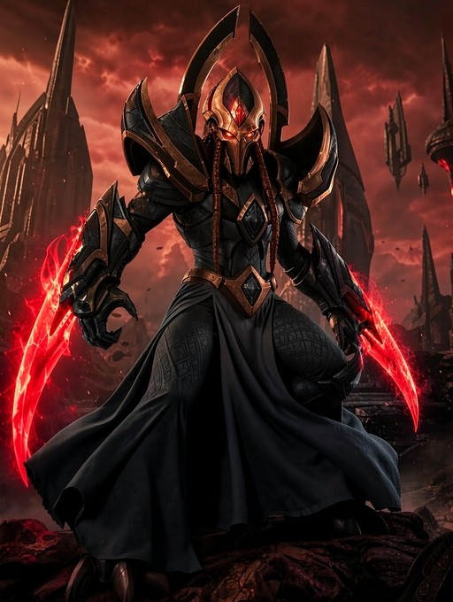 Amon from StarCraft II in black and gold armor with a horned helmet wielding glowing red energy claws against a red sky