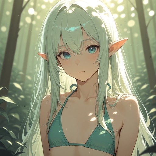 A portrait of a green-haired elf with pointed ears wearing a teal bikini top in a sunlit forest.