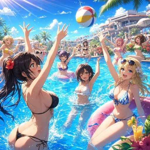 A group of anime-style girls in bikinis playing with a beach ball in an outdoor swimming pool on a sunny day.