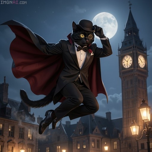 A black cat in a tuxedo and cape jumping in front of a clock tower at night.