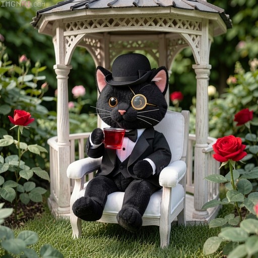 A hyper-realistic black cat plushie wearing a tuxedo and monocle sits in a white chair under a gazebo holding a cup of tea surrounded by red roses.