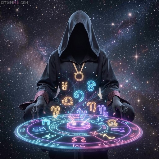 A hooded figure with dark skin sits in a starry galaxy, viewing a glowing 3D holographic zodiac wheel with colorful astrological symbols floating above it.