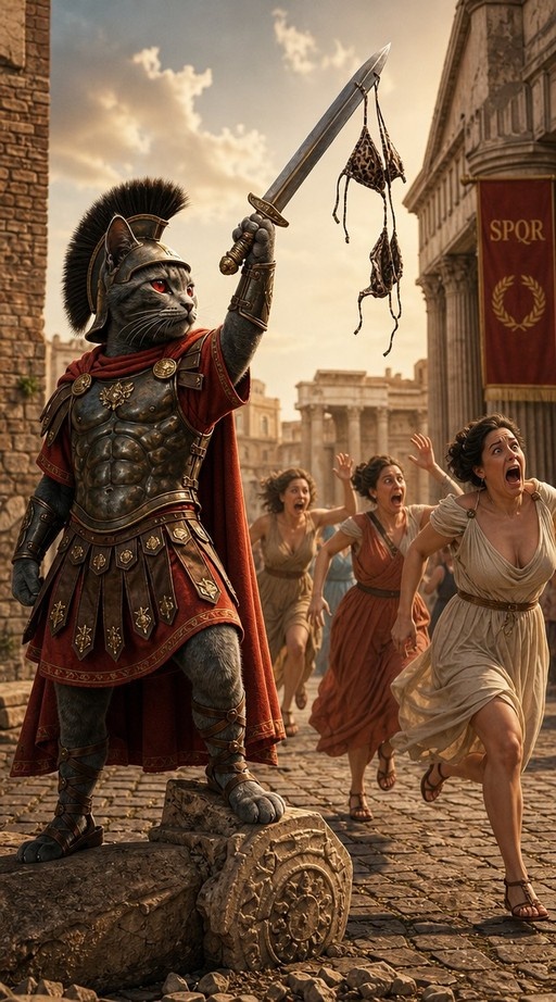 Anthropomorphic grey cat in Roman armor holding a sword with dangling underwear while three women run away.