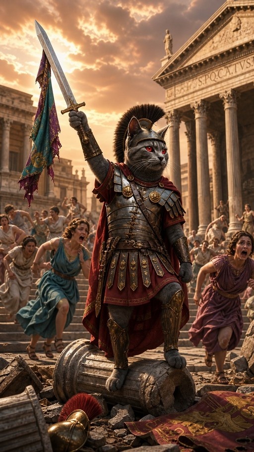 A grey cat wearing Roman armor and a helmet stands on rubble holding a sword aloft while citizens flee in the background.
