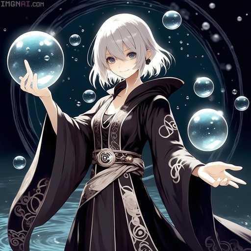 An anime-style illustration of Kunon from Nier: Automata, featuring short white hair and a black embroidered robe, smiling as she points her finger at a large glowing water bubble surrounded by smaller bubbles.