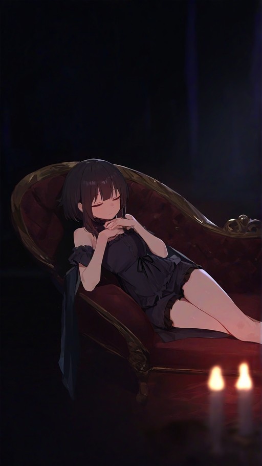 Megumin lying on a red couch with eyes closed, illuminated by candlelight.