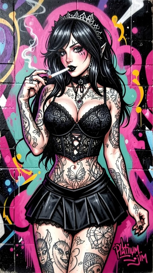 A tattooed female elf with long black hair and pointy ears stands against a vibrant graffiti wall. She wears a silver tiara, black lace corset, and pleated skirt while smoking a cigarette.