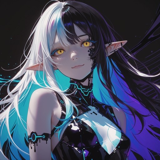 Close-up portrait of an anime-style elf girl with long white and black hair, yellow slit-pupil eyes, and a cybernetic patch on her cheek, wearing a shiny black bodysuit with cyan details.