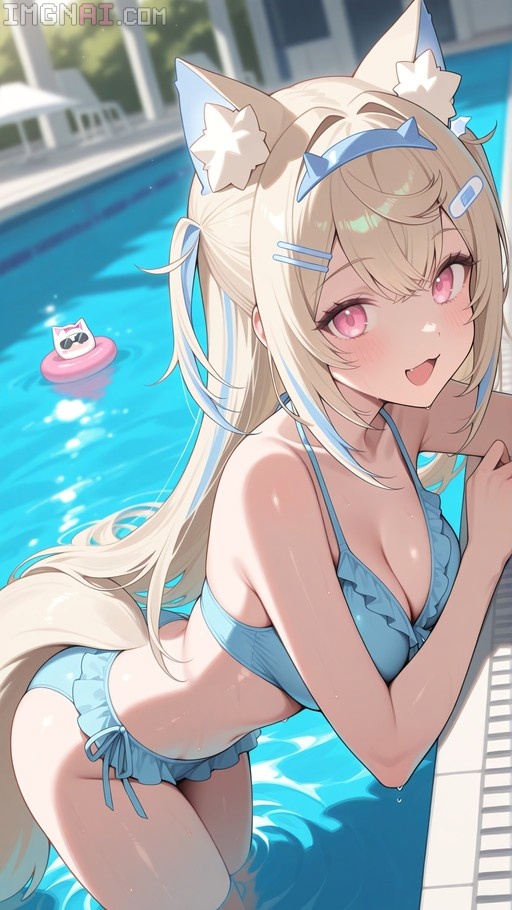 A digital illustration of Fuwawa Abyssgard with blonde hair and dog ears wearing a blue frilled bikini while leaning on the edge of a swimming pool.