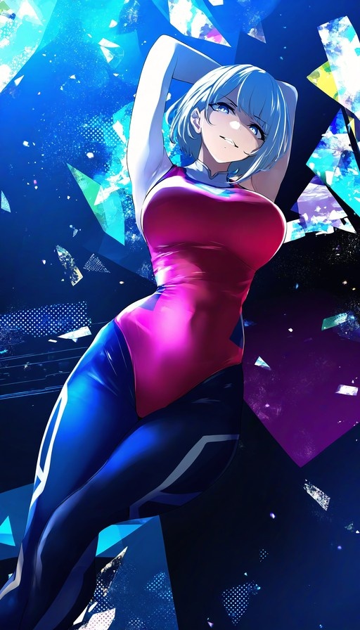 Anime girl with short silver hair and blue eyes in a pink and blue bodysuit posing with arms behind head amidst shattered glass