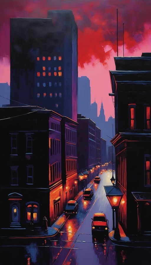A stylized digital painting of a city street at dusk featuring tall dark buildings, glowing streetlamps, and cars against a vibrant red and pink sky.